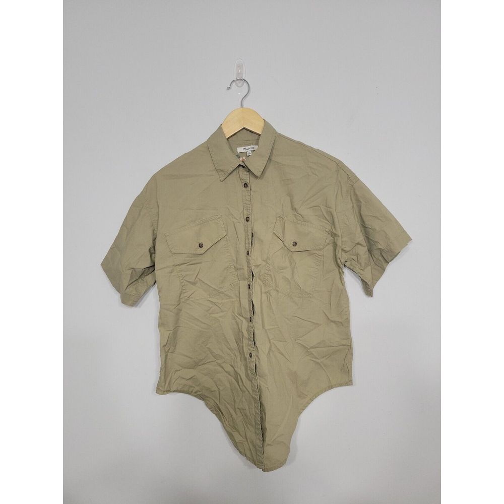 Madewell Women's Shirt Size Small Button-up Khaki Green Embroided Shortsleeve